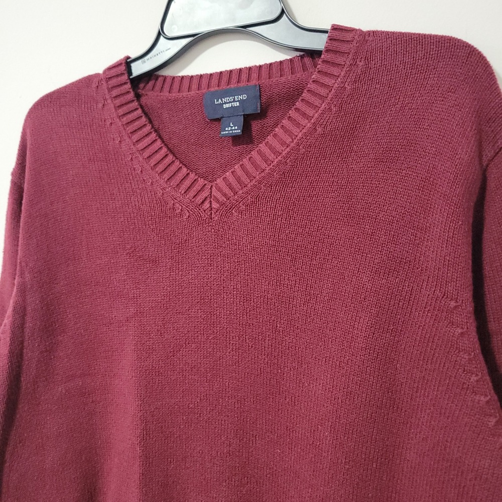 Lands' End Drifter Sweater Mens L Burgundy Cotton V-Neck Pullover Classic Casual
